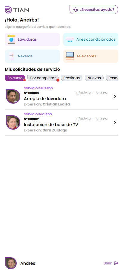 Pantalla de la app